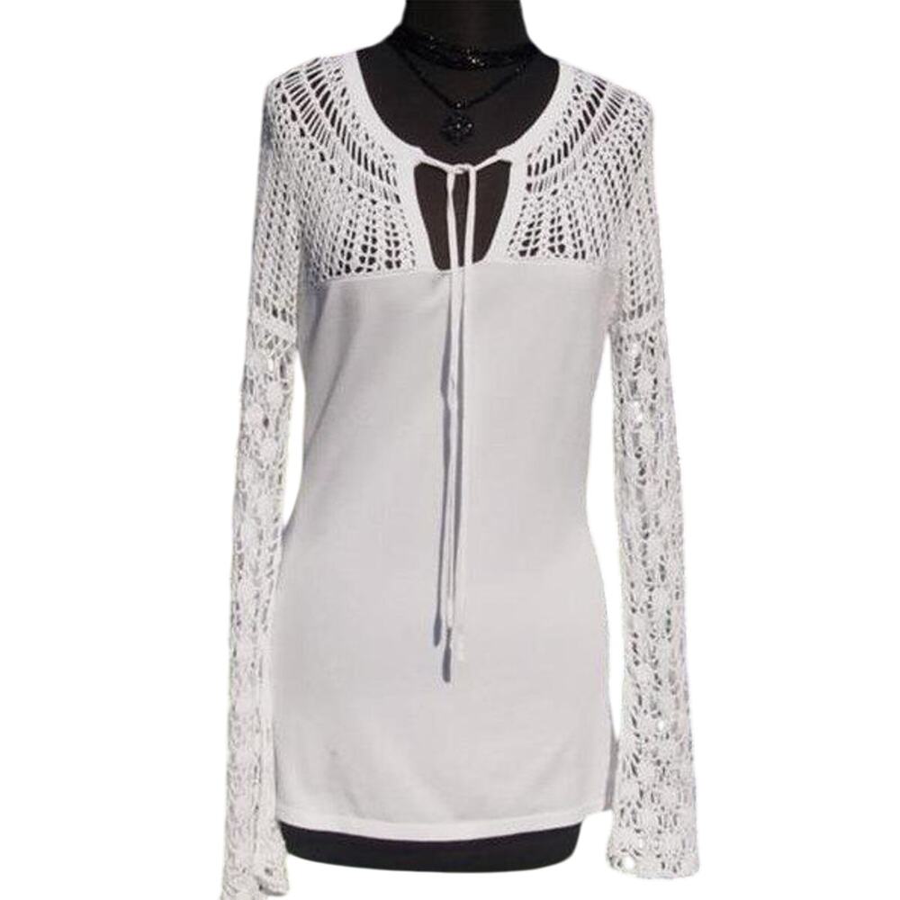 Cache White Peek A Boo Crochet Neck Sleeves Knit Top Key Hole Stretch NWT $98